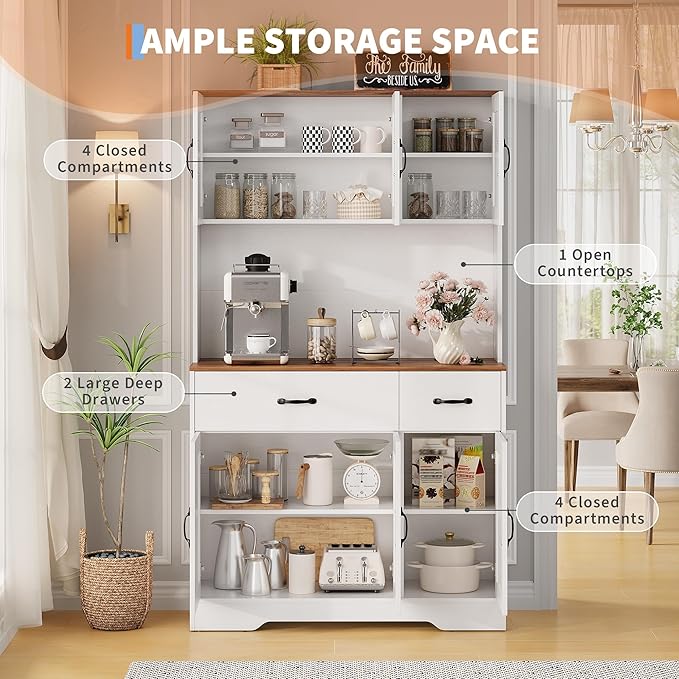 IDEALHOUSE 71" Kitchen Pantry Storage Cabinet with Charging Station, Farmhouse Kitchen Hutch Cabinet with 2 Storage Drawers, Large Food Pantry with Microwave Stand for Dining Room,Living Room,White