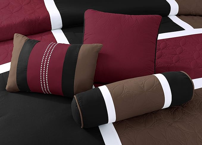 Chezmoi Collection Upland 7-Piece Quilted Patchwork Comforter Set, Burgundy/Black/Brown, Queen