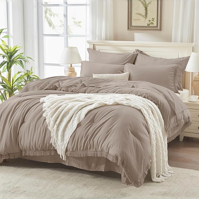 Andency California King Size Comforter Set with Sheets Khaki - 7 Pieces Cal King Bed in a Bag Boho Bedding Sets, Bed Set with Comforter, Sheets, Pillowcases & Shams