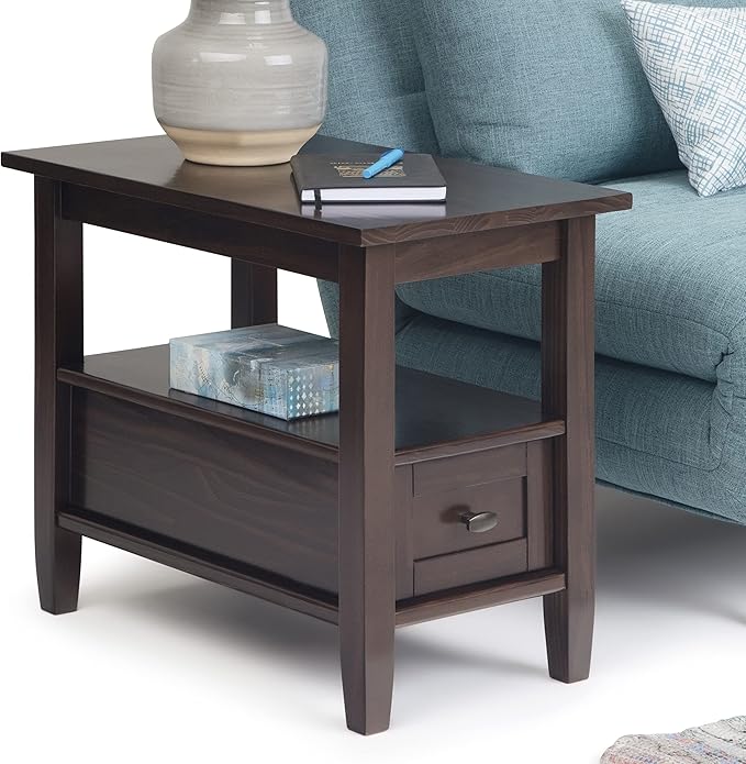SIMPLIHOME Warm Shaker End Table - 14 inch Wide Solid Wood Narrow Side Table in Tobacco Brown, Transitional Accent Table for Living Room or Bedroom with Drawer, Open Shelf and Square Tapered Legs