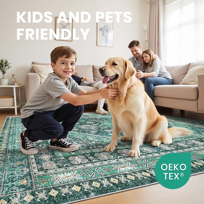zesthome 5x7 Area Rugs - Ultra-Thin Washble Rug, Stain Resistant Anti Slip Backing Rugs for Living Room,Bedroom, Vintage Home Decor Area Rug(Green/Teal,5'x7')
