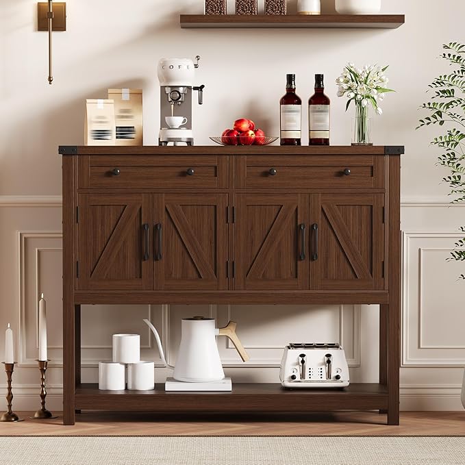 47" Buffet Sideboard Cabinet with 2 Drawers & 4 Barn Doors, Large Farmhouse Kitchen Wood Coffee Bar Cupboard Cabinet, Barn Doors Console Table for Kitchen, Dining Room, Living Room, Entryway, Brown