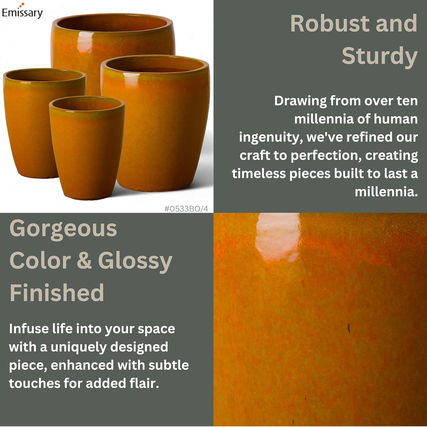 Emissary Home and Garden Bullet 11.5 in. Bright Orange Ceramic Round Planter (11.5 in. L x 11.5 in. W x 14 in. H) with Drainage Hole