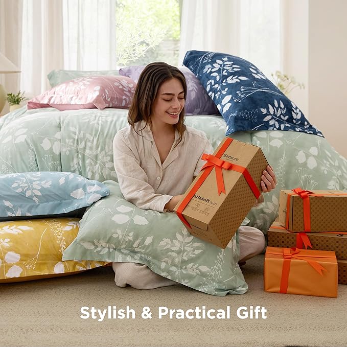 Bedsure California King Comforter Set - 7 Pieces Floral Sage Green Bedding Sets, Cal King Bed in a Bag with Botanical Flowers Comforter, Sheets, Pillowcases & Shams