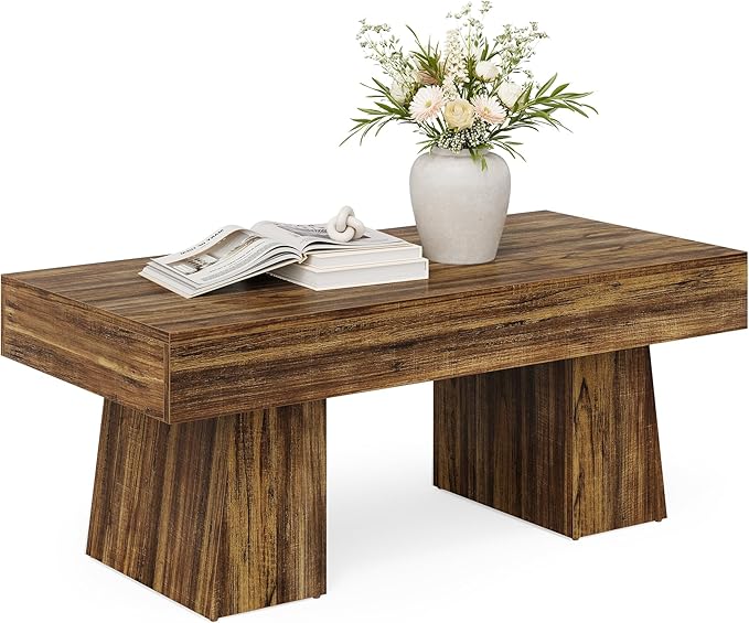 LITTLE TREE Farmhouse Coffee Table, 47 Inches Living Room Table, Rectangular Wooden Accent Center Tables with Thick Base, Modern Low Cocktail Tea Furniture for Living Room (Walnut Brown)