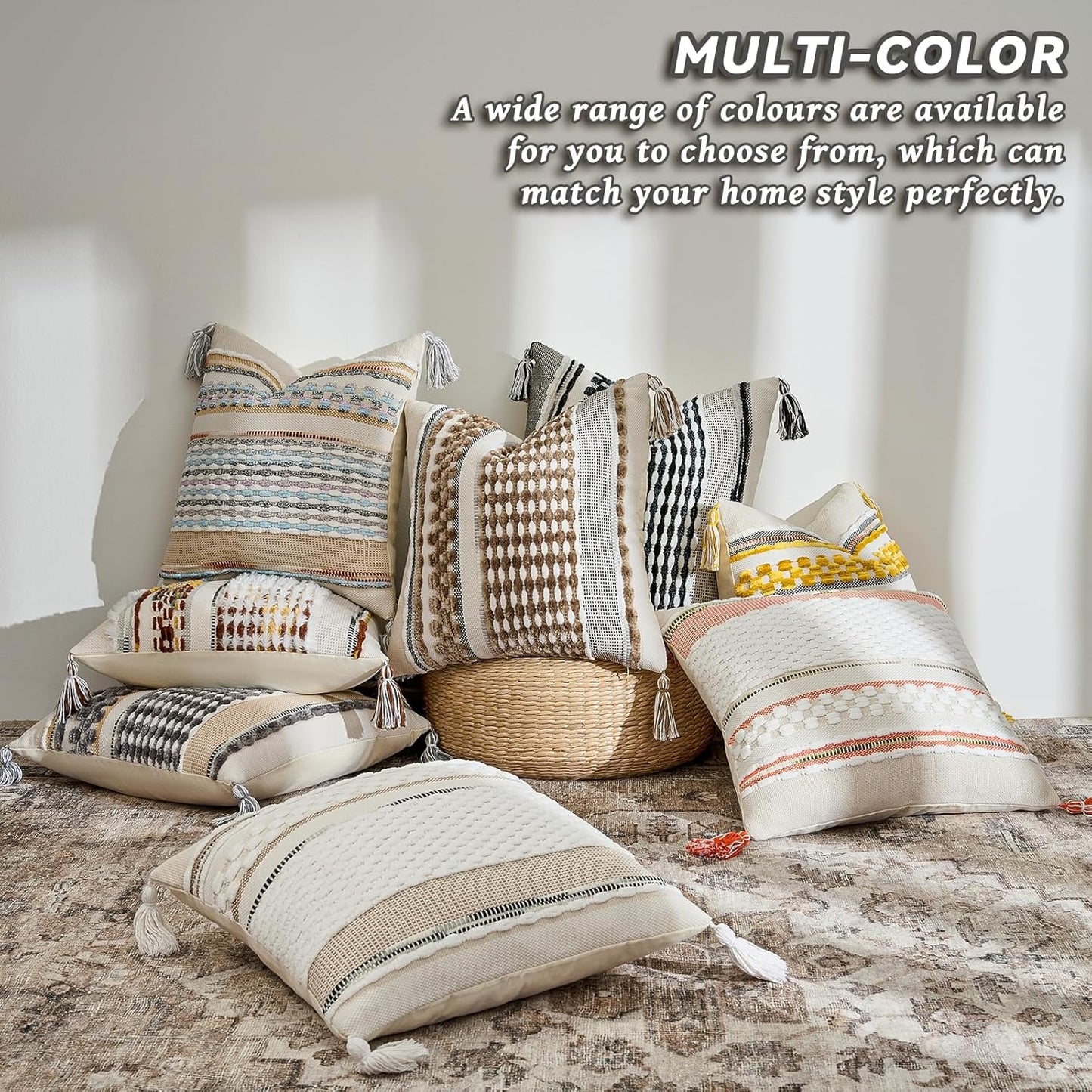 AmHoo Set of 2 Chenille Striped Textured Boho Throw Pillow Covers Aesthetic with Tassels Woven Decorative Pillow Case for Couch Bed Sofa Bedroom Modern Funky 18 x 18-Inch Black Multicolor