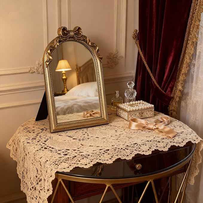 Vintage Carved Resin Desk Mirror - 13x10 Inch Decorative Vanity Mirror for Makeup, Dorm, Bedroom & Tabletop Deco (Bow Champagne Gold, 13" L x 10.2" W)