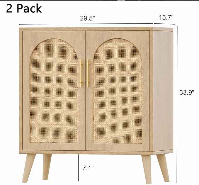 Rovaurx Set of 2 Rattan Storage Cabinet with Doors, Accent Bathroom Floor Cabinet, Modern Sideboard Buffet for Living Room, Entryway, Dining Room and Kitchen, Natural BMGZ108M02 | Set of 2, with Doors