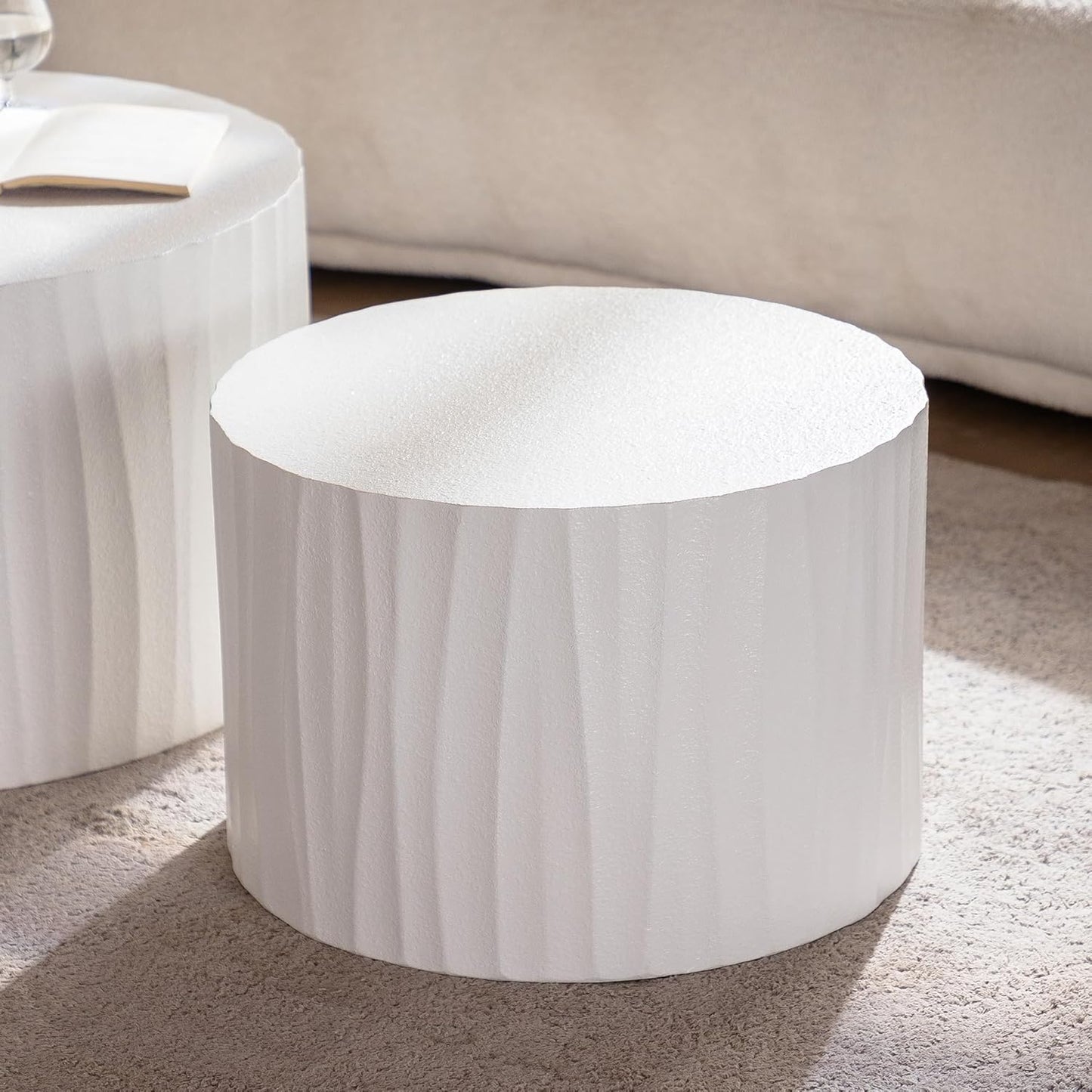 Nesting Round Coffee Table Set of 2, 26.77" (W) Circle Accent End Table with Water Ripple Pattern, Morden Drum Side Table, Wooden Center Table for Living Room, Fully Assembled - White