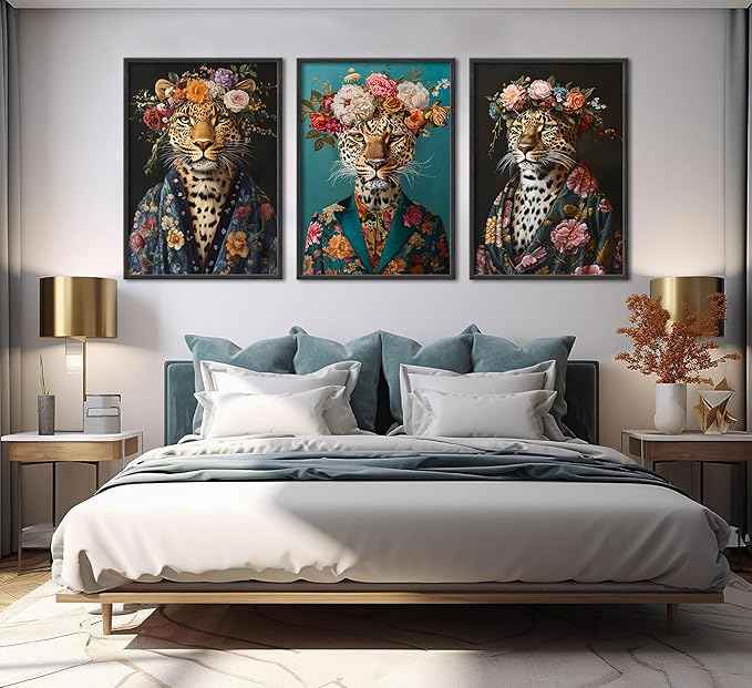 Bathroom Leopard In a Bathrobe Wall Art Maximalist Eclectic Cheetah Posters Pictures Animals And Flowers Canvas Prints Funky Animals Painting Wall Decor y2k Aesthetic Room Decoration Unframed
