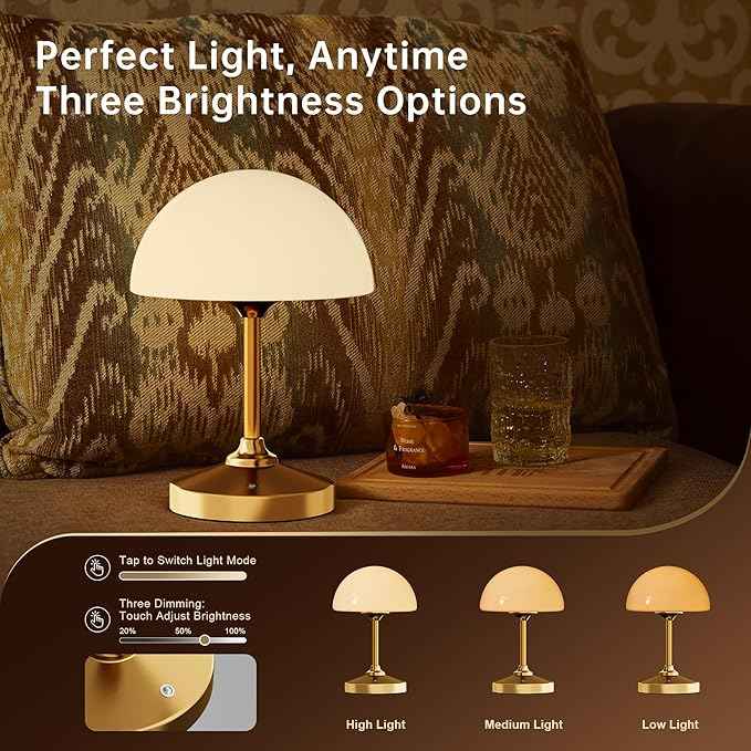 Mushroom Lamp Cordless Lamp Table Lamp,Outdoor Waterproof Shower Lamps,5000mAh Rechargeble Battery Operated Dimmable Touch Desk Lamps,LED Night Light for Bathroom Patio Camping Outdoor(Gold)
