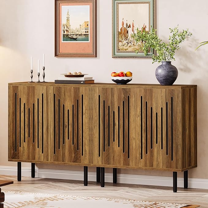 Tribesigns Set of 2 Sideboard Buffet with Storage, 59" Buffet Sideboard Cabinet with Adjustable Shelves, Accent Storage Cabinet for Living Room, Rustic Brown | Set of 2, with Storage