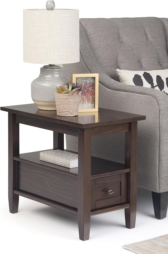 SIMPLIHOME Warm Shaker End Table - 14 inch Wide Solid Wood Narrow Side Table in Tobacco Brown, Transitional Accent Table for Living Room or Bedroom with Drawer, Open Shelf and Square Tapered Legs