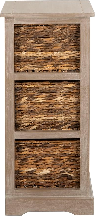 SAFAVIEH Home Collection – Halle White Washed Storage Side Table with Wicker Baskets, Farmhouse Accent Storage, Fully Assembled (AMH5738E)