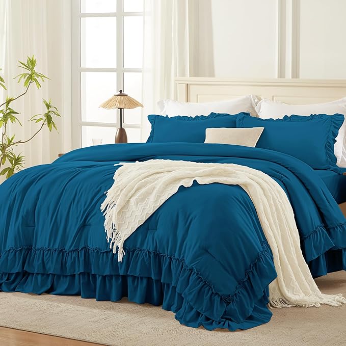 Andency Teal Queen Comforter Set (90x90Inch), 3 Pieces Lightweight Fluffy Ruffle Bedding Sets for Queen Bed, Farmhouse Shabby Chic Soft All Season Bed Set