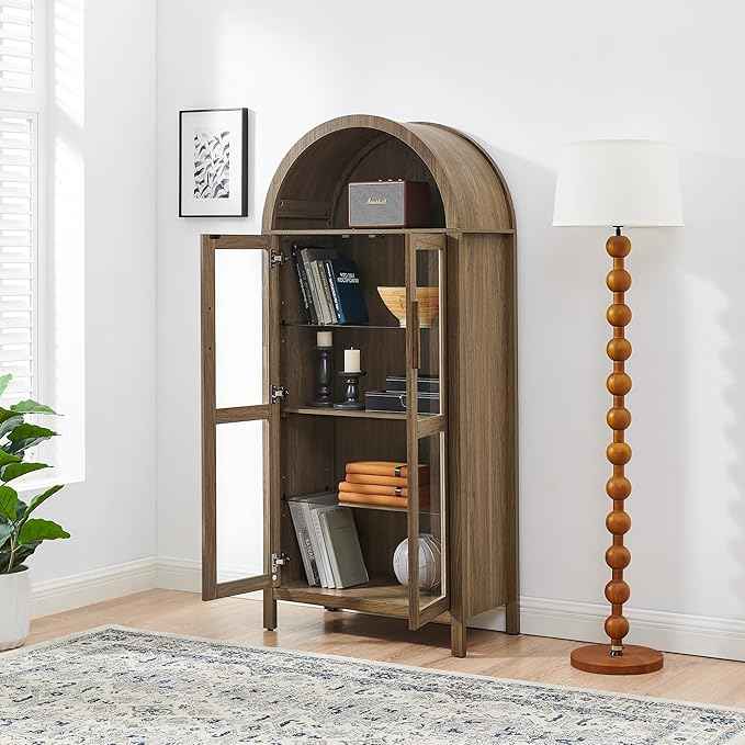 Arched Storage Cabinet with Glass Doors, Wood Display Cabinet with Adjustable Shelves and LED Lighting, 67H x 30W x 15.5D Inches, Modern Retro Style Kitchen Cabinet