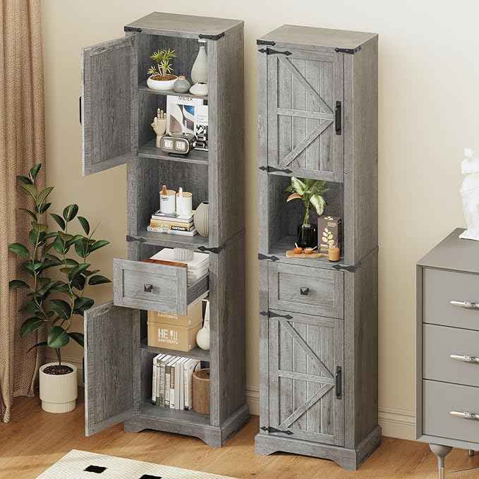 Vabches 66" Tall Farmhouse Bathroom Storage Cabinet with Barn Doors and Drawer, Narrow Storage Unit, Adjustable Shelves & 5-Tier Space, Freestanding Cabinet for Bathroom, Entryway, Kitchen, Grey