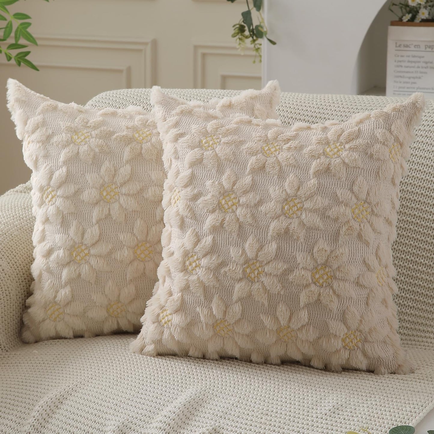 DFXSZ Spring Summer Pillow Covers 18x18 inch Set of 2 Farmhouse Decor Yellow Flower Heart Sunflower Beige Soft Plush Faux Fur Jacquard Throw Pillows for Sofa Holiday Spring Home Decor PTK024E18