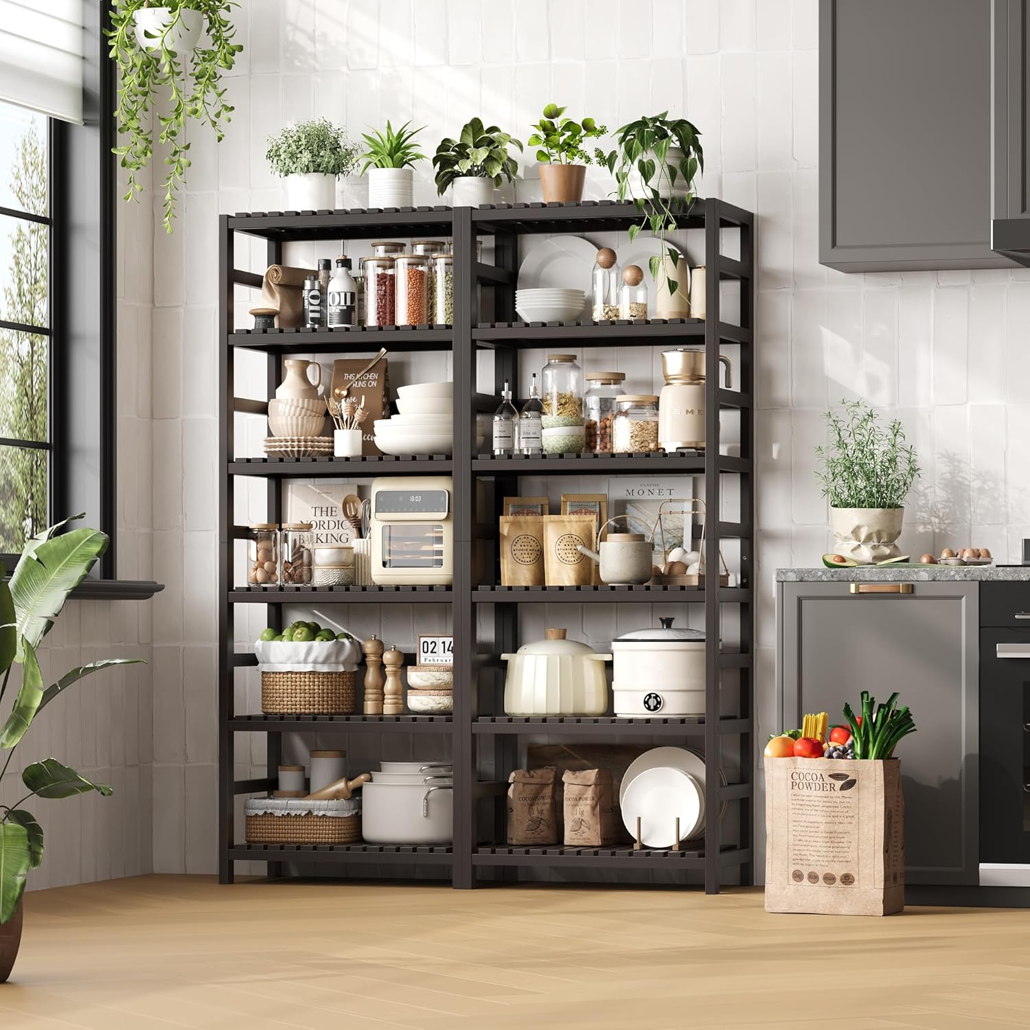 FOTOSOK 6-Tier Bamboo Shelf Set of 2, Bamboo Bookcase with Adjustable Shelves, Free Standing Storage Shelf Unit and Plant Flower Stand, Tall Large Bookshelf for Kitchen, Bathroom, Home Office, Vintage - Décor Diaries