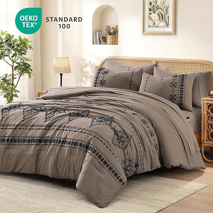 MaiRêve King Size Comforter Set Taupe Grey, Embroidery Floral Western Boho Bedding Set, All Season 7 Pieces Bed in a Bag with Sheets, Pillowcases & Shams