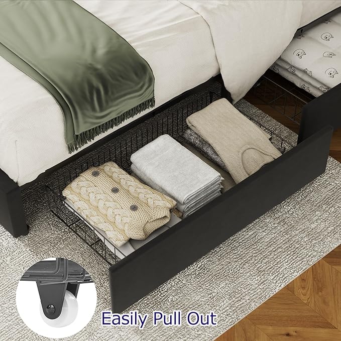 VECELO Queen Size Bed Frame with 4 Storage Drawers, Adjustable Height Headboard, Heavy-Duty Platform Bedframe with Strong Wooden Slats, No Box Spring Needed, Black