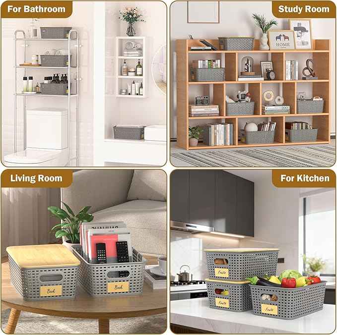 Stackable Storage Basket: Plastic Baskets Bins, Baskets for Organizing, Pantry Decorative Containers for Closets, Cabinets, Shelves(8 Pack, Grey)