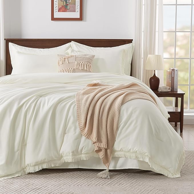 Andency Oversized King Comforter Set with Sheets 120x120 Ivory - 7 Pieces Boho Tassel Bed in a Bag Soft Lightweight Bedding Sets, Fringe Bed Set with Comforter, Sheets, Pillowcases & Shams
