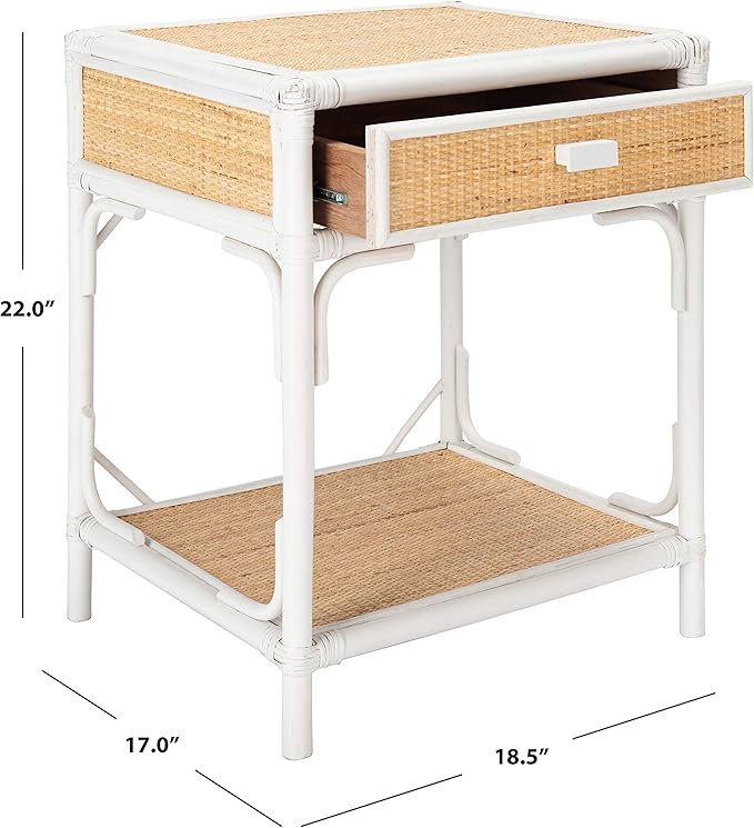 SAFAVIEH Home Collection – Roya White & Natural Nightstand with Drawer & Shelf, Coastal Accent Table, Bamboo-Style Frame & Rattan Drawer (NST4005C)