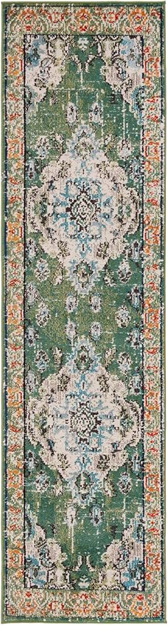 SAFAVIEH Monaco Collection Runner Rug - 2'2" x 20', Forest Green & Light Blue, Non-Shedding & Easy to Clean, Distressed Medallion Design, Ideal for Hallway, Foyer, Entryway, Kitchen, Bedroom (MNC243F)
