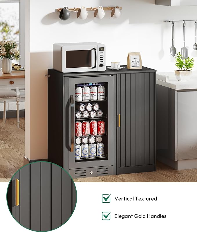 Coffee Bar with Mini Fridge Space - Snack Bar Cabinet with Power Outlet, Fluted Mini Fridge Cabinet with Adjustable Shelf for Kitchen Dining Room Living Room, Black