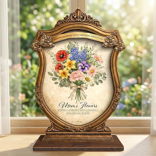 Mother Birthday Gifts from Daughter Son, Personalized Birth Month Flower Wooden Sign, Gift Mothers Day for Mom Nana Wife, Mimi Gifts for Grandma, Family Keepsake Plaque for Home Décor