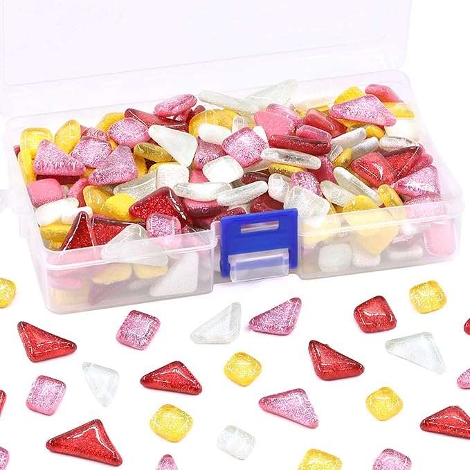 Swpeet 1 Pound Mixed Colors Shine Crystal Series Mosaic Tiles Assortment Kit, Square and Triangle Genuine Mosaic Tiles Glitter Crystal Mosaic Perfect for Home Decoration Crafts