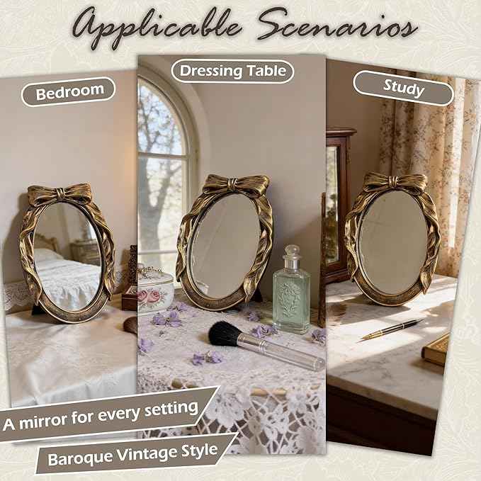 Vintage Round Vanity Desk Mirror - 8x6Inch Elliptical Tabletop Decorative Ornate Gold Accent Retro Makeup Mirror for Bedroom Dresser Living Room Bathroom Dorm Champagne Gold