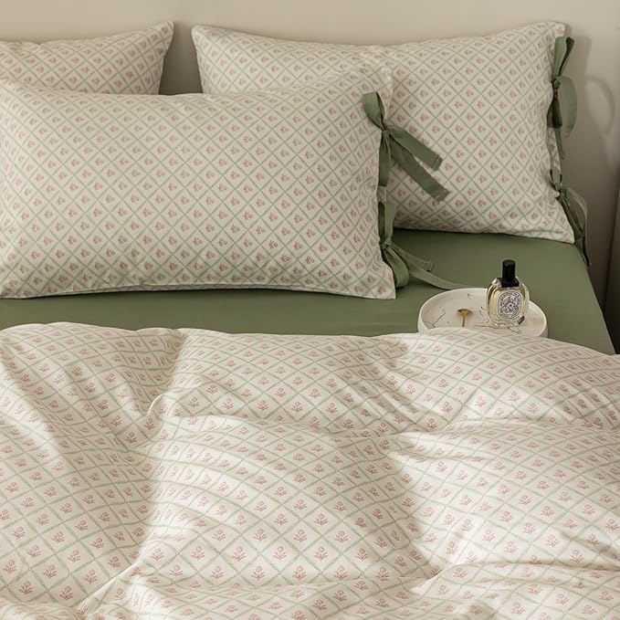 LifeTB Pink Flower Comforter Set Twin XL 3 Pieces Chic Plaid Grid Comforter with 2 Bow Ties Pillowcases Cute Botanical Cottagecore Bedding Set Girls Coquette Bedding Comforter Twin XL Comforter Set