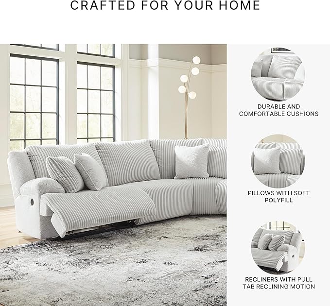 Signature Design by Ashley Top Tier Modern 5-Piece Reclining Sectional with Armrest and Throw Pillows, Light Gray