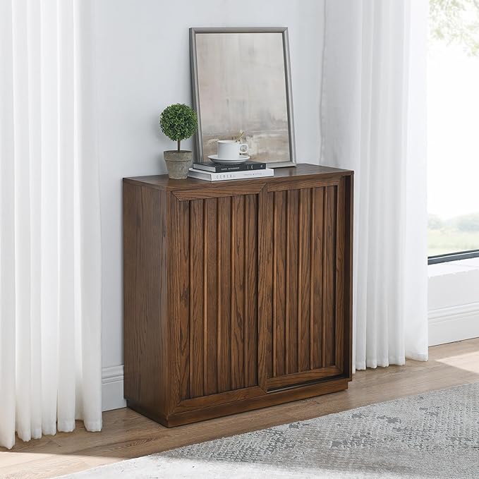 Ball & Cast 32" Mid Century Sideboard Cabinet with 2 Sliding Doors & Solid Wood Decorative Strips, Vintage Storage Cabinet with Outlet Hole for Living Room, Kitchen, Dining, Entryway, Hallway,Walnut