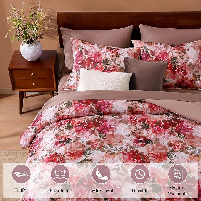 CASAAGUSTO Full Comforter Set, 7 PCS Red Rose Floral Comforter Set with Flowers Leaves Pattern, Soft Seersucker Design All Season Full Size Bedding Set(80"X90")