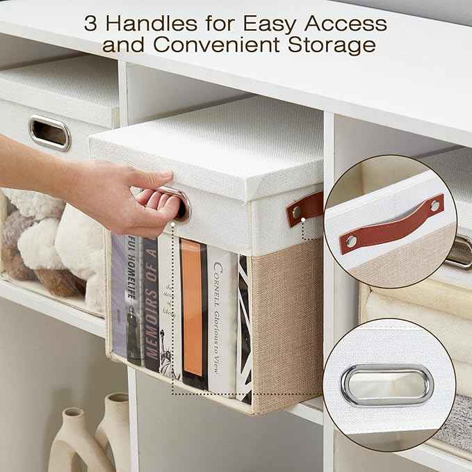 Fabric Storage Cubes with Clear Windows and Lids 11'' Foldable Storage Bins with 3 Handles, Decorative Storage Boxes for Home, Bedroom, Closet, Office (Beige & White)