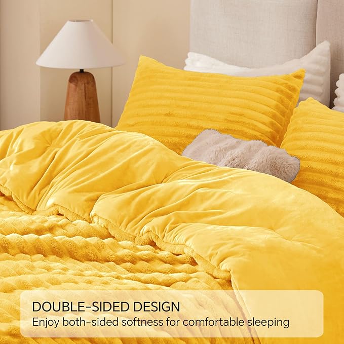 BEDELITE Fleece King Comforter Set -Super Soft & Warm Fluffy Bright Yellow Bedding, Luxury Fuzzy Heavy Bed Set for Winter with 2 Pillow Cases