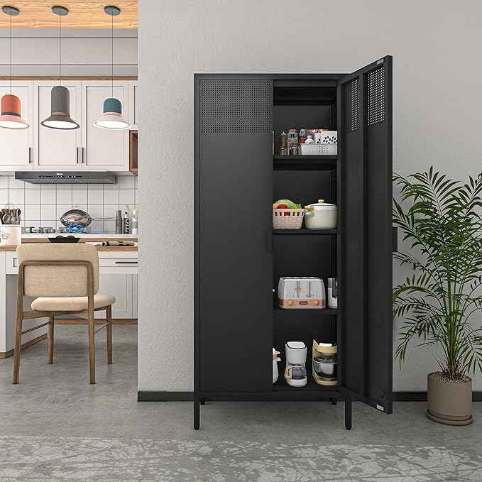 COFaR 4 Tier Black Metal Storage Cabinet, Free Standing with 2 Doors, 3 Adjustable Shelves and Legs, Cupboard Metal Cabinet for Living Room, Kitchen, Dining Room, Office