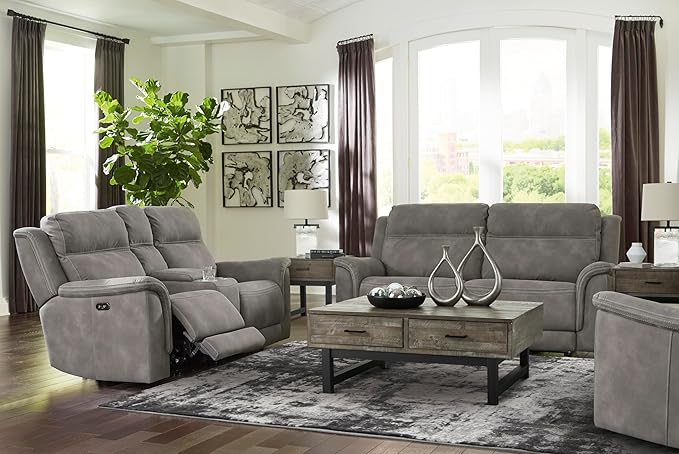 Signature Design by Ashley Next-Gen DuraPella Power Reclining Loveseat with Console & Adjustable Headrest, USB, Faux Leather, 76" W x 42" D x 42" H, Slate