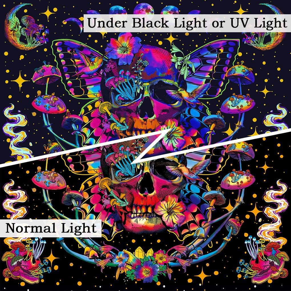 Xiaoput Blacklight Skull Tapestry for Bedroom & Living Room, UV Reactive Mushroom Butterfly & Moth Moon Flowers Tapestry, Hippie Skeleton Wall Hanging 90x70IN