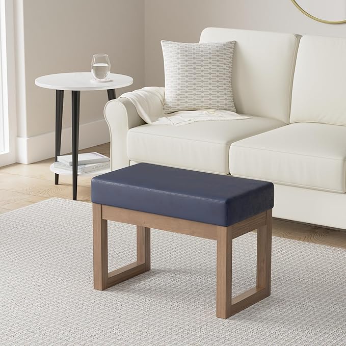 SIMPLIHOME Milltown Small Ottoman Bench - 27 inch Wide Upholstered Vegan Leather Rectangle Footstool Ottoman in Distressed Dark Blue, Contemporary Bench for Bedroom with Cushioned Seat, Assembled
