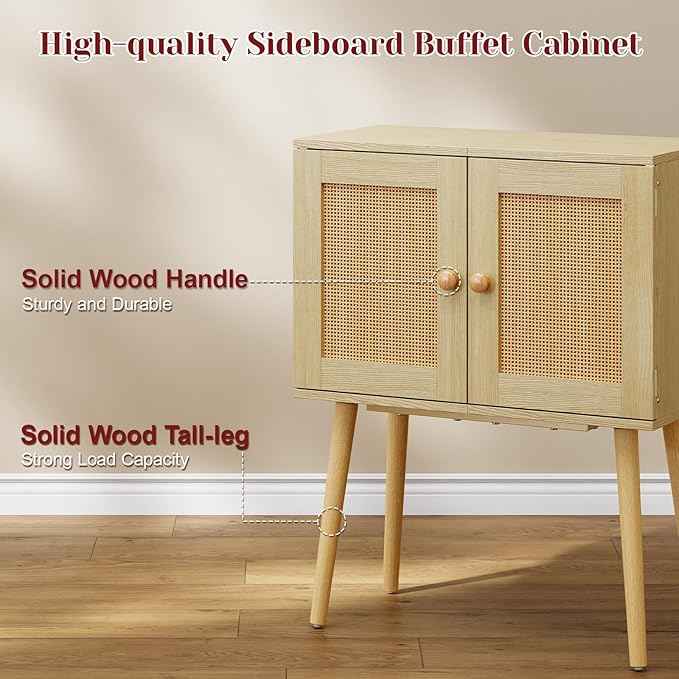 Sideboard Buffet Kitchen Storage Cabinet , Small Coffee Bar Cabinet with Rattan Doors and Tall Solid Wood Legs, Boho Accent Media Console Credenza Cabinet for Entryway,Living Room,Kitchen, Small Space