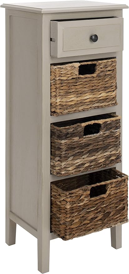 SAFAVIEH Home Collection – Michaela Vintage Grey Storage Unit with Woven Basket Drawers, British Colonial Farmhouse Accent Storage, Fully Assembled (AMH5744D)