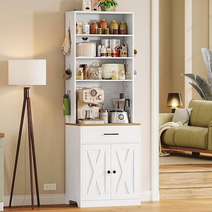 IRONCK Bakers Rack Microwave Stand with Customizable Pegboard and Storage, 71" Farmhouse Coffee Bar Cabinet with Drawer, Barn Doors, Adjustable Shelves for Kitchen, Dining Room, 23.6" White