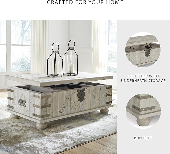 Signature Design by Ashley Carynhurst Lift Top Rustic Farmhouse Cocktail Table, Antique Off White