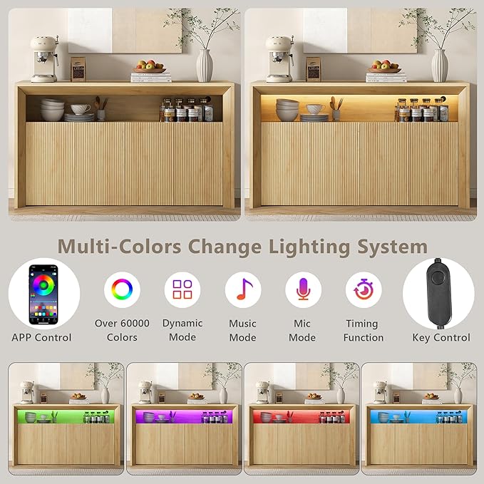 Feonase Buffet Cabinet with Storage & Led Lights, 66.2" Modern Sideboard Cabinet with 4 Doors & Shelves, Fluted Media Console Mid Century, Coffee Bar Table for Dining Room, Living Room, Kitchen, Oak