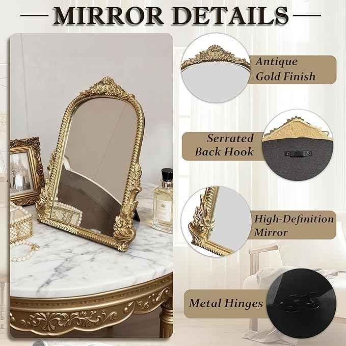 Baroque Gold Vintage Vanity Mirror 13x10 Inch, Wall-Mounted & Tabletop Dual-Use, Ornate Gold Accent Retro Decorative Mirror for Bedroom Dresser, Bathroom, Living Room and Dorm