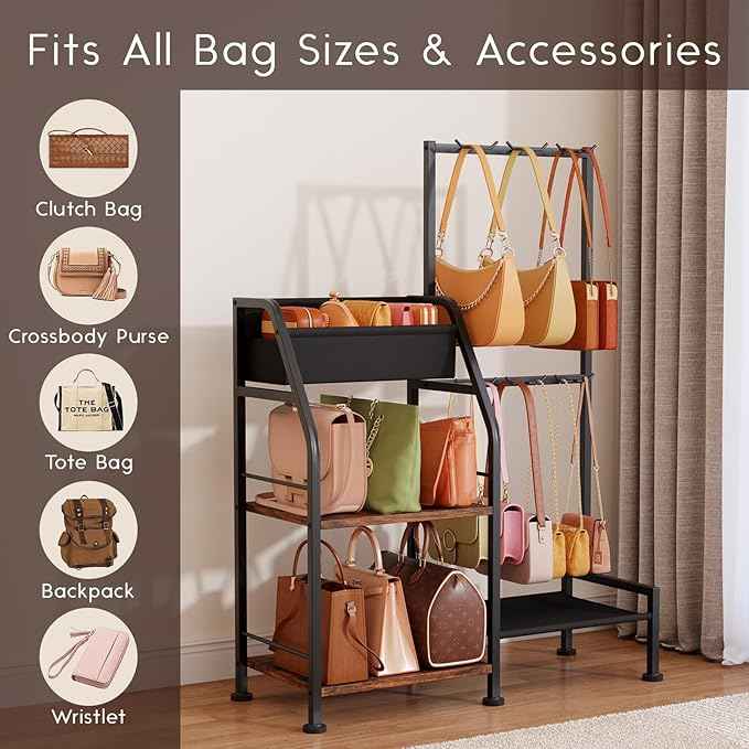 Purse Organizer for Women - 3-Tier Storage Stand & 12 Fixed Hooks, Visible Backpack Storage, Space-Saving Bag Organizer Rack for Home, Closet, Black